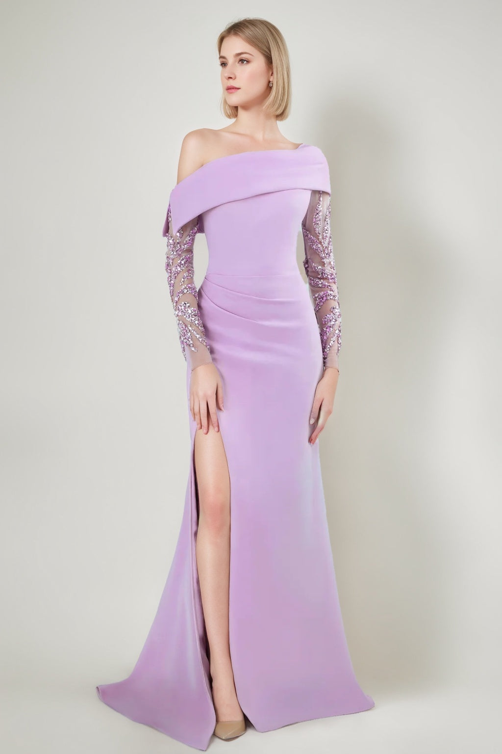 Trumpet/Mermaid Off-the-shoulder Floor-Length Evening Dresses with Embroidered Tulle Sleeves & Side Slit