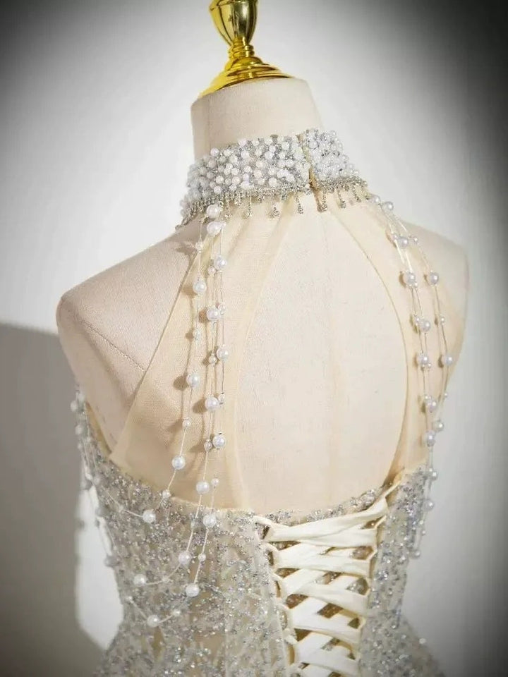 Ball Gown Halter Sleeveless Floor-Length Evening Dresses with Lace-up & Jewel Appliques