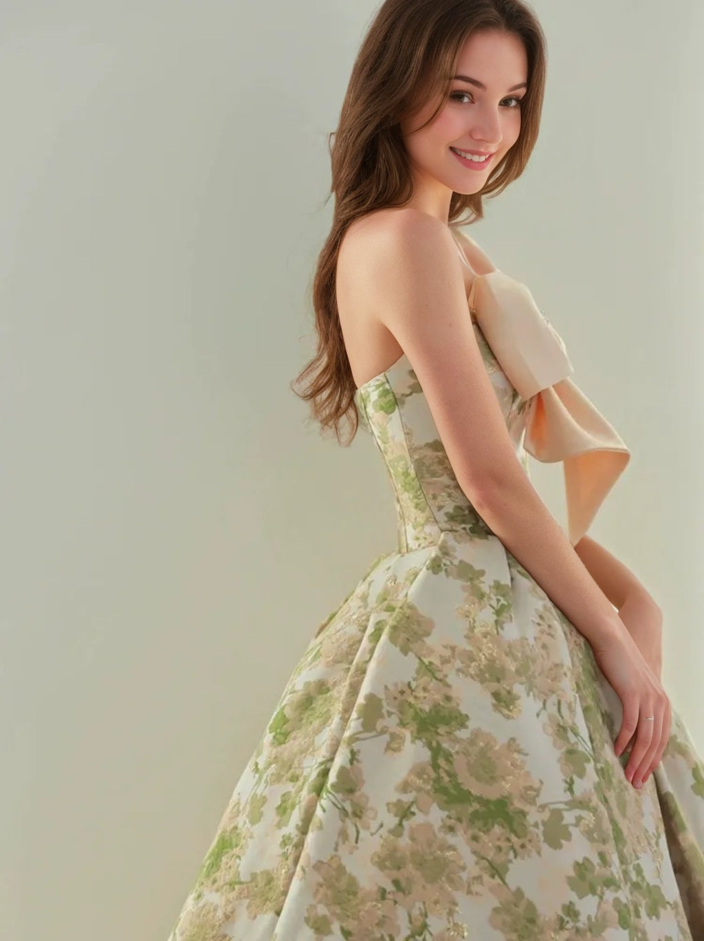 A-Line/Princess Strapless Sleeveless Pleated Printed Floral Evening Dresses with Bow & Jewel Appliques