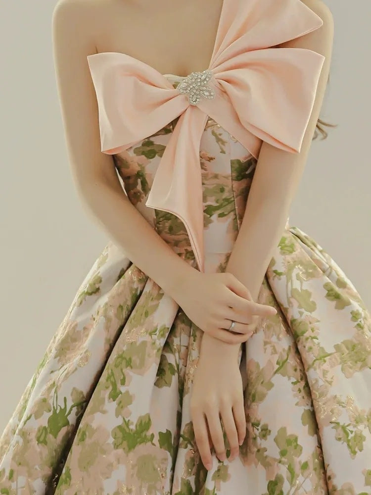 A-Line/Princess Strapless Sleeveless Pleated Printed Floral Evening Dresses with Bow & Jewel Appliques