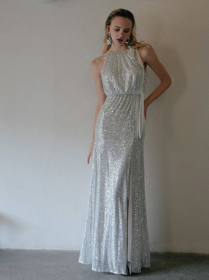 Sheath/Column Halter Sleeveless Floor-Length Evening Dresses with Slit & Sequins