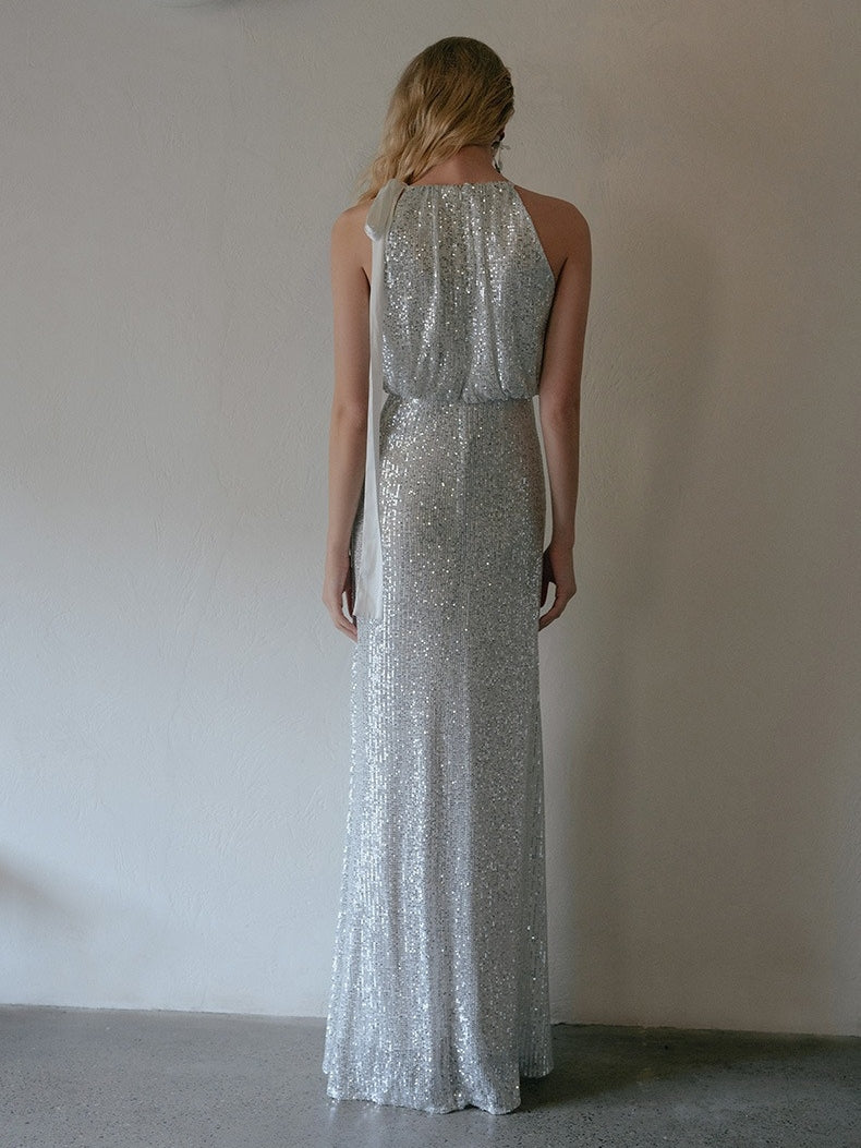 Sheath/Column Halter Sleeveless Floor-Length Evening Dresses with Slit & Sequins