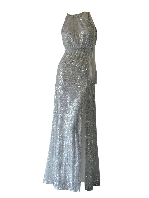 Sheath/Column Halter Sleeveless Floor-Length Evening Dresses with Slit & Sequins