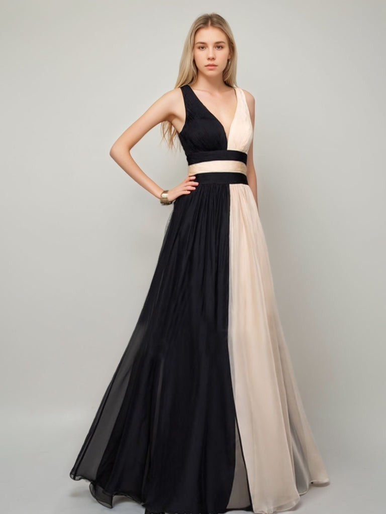 A-Line/Princess Plunge V-Neck Sleeveless Floor-Length Evening Dresses with Criss-cross Back Straps