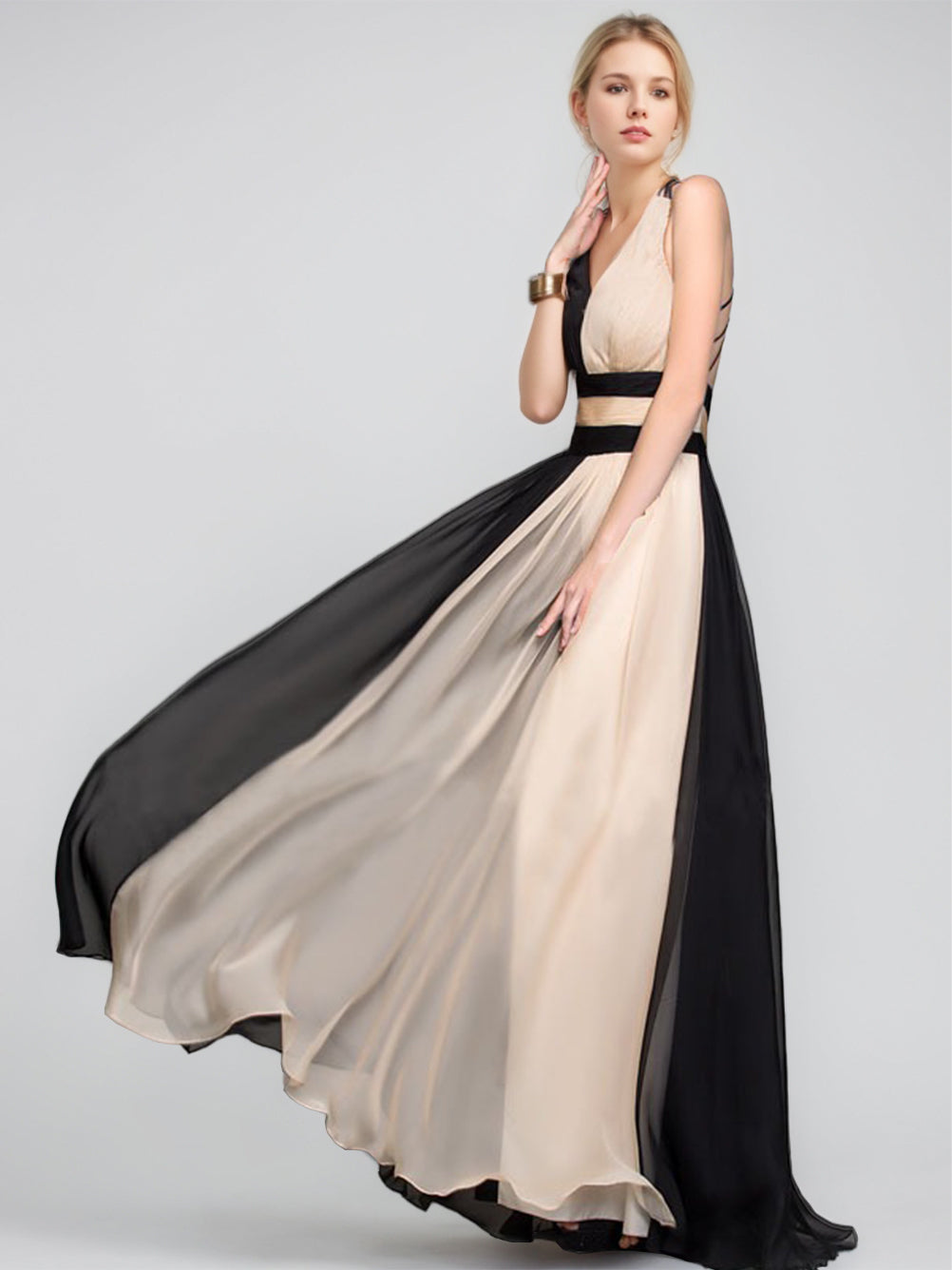 A-Line/Princess Plunge V-Neck Sleeveless Floor-Length Evening Dresses with Criss-cross Back Straps