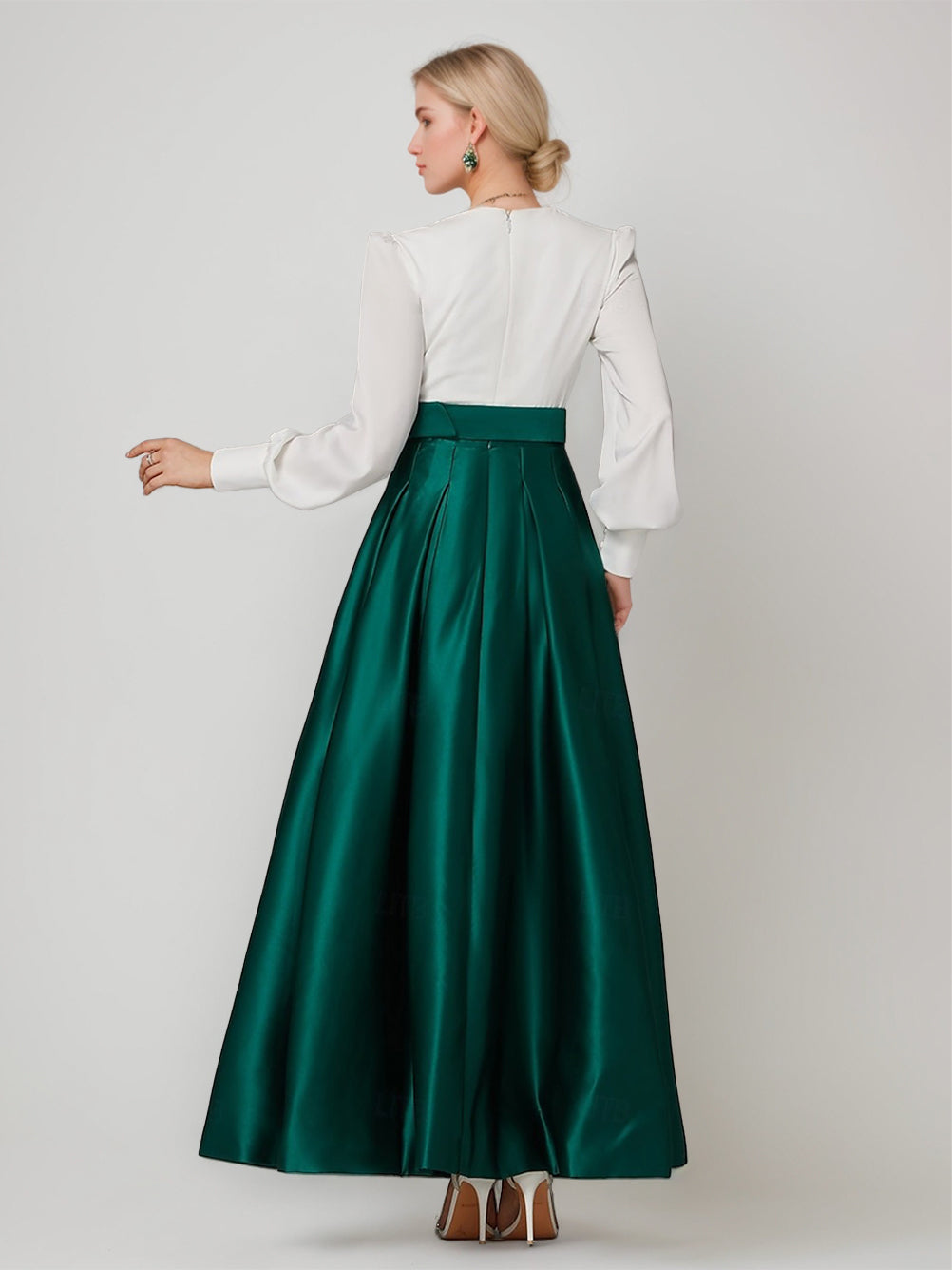 A-Line/Princess V-Neck Long Sleeves Ankle-Length Pleated Evening Dresses with Belt & Slit & Buttons