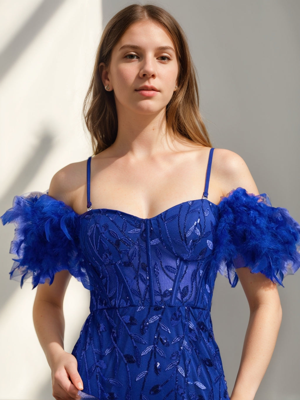 Trumpet/Mermaid Off-the-Shoulder Ankle-Length Elegant Evening Dresses with Ruffles & Feather