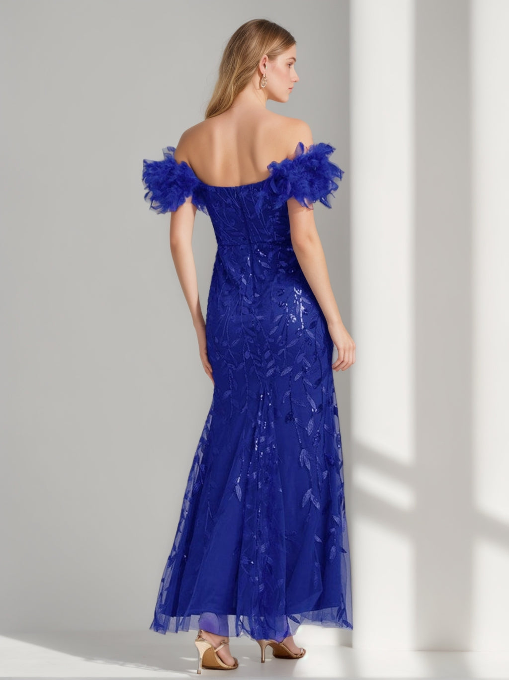 Trumpet/Mermaid Off-the-Shoulder Ankle-Length Elegant Evening Dresses with Ruffles & Feather