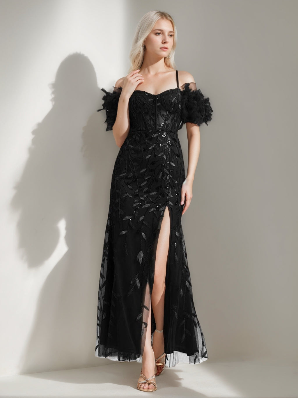 Trumpet/Mermaid Off-the-Shoulder Ankle-Length Elegant Evening Dresses with Ruffles & Feather