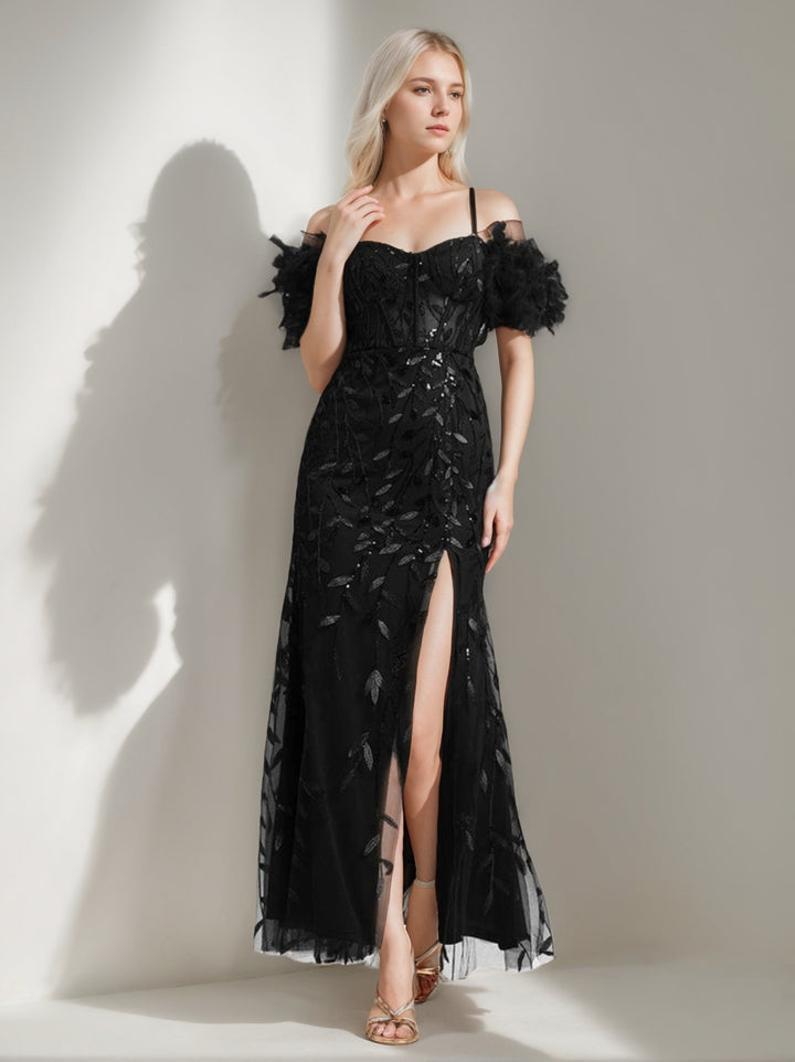 Trumpet/Mermaid Off-the-Shoulder Ankle-Length Elegant Evening Dresses with Ruffles & Feather