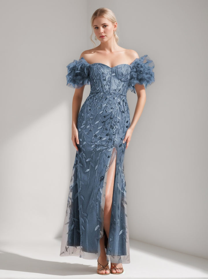 Trumpet/Mermaid Off-the-Shoulder Ankle-Length Elegant Evening Dresses with Ruffles & Feather