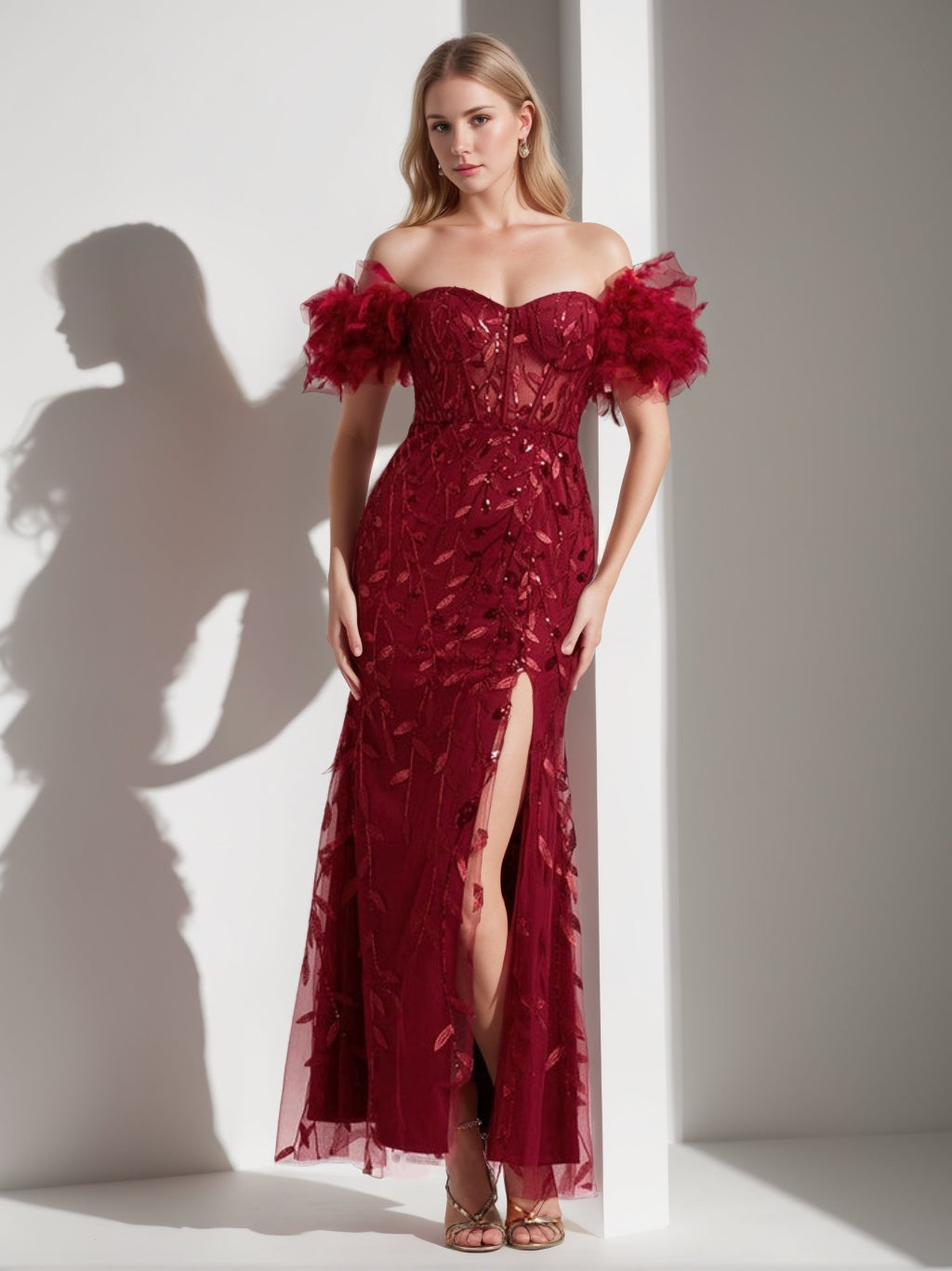Trumpet/Mermaid Off-the-Shoulder Ankle-Length Elegant Evening Dresses with Ruffles & Feather