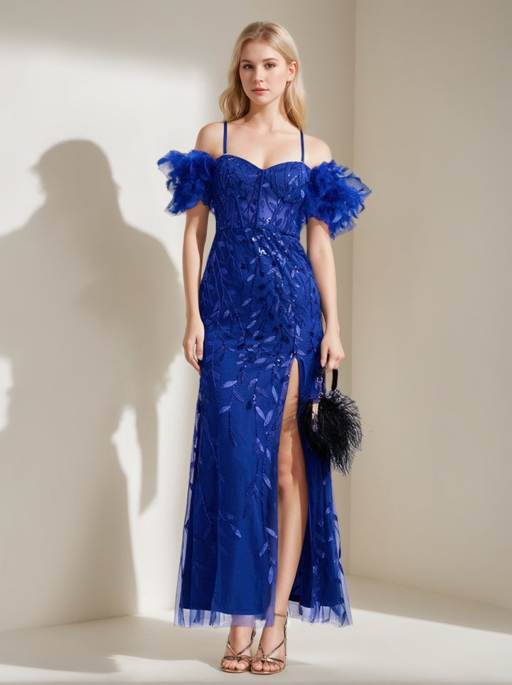 Trumpet/Mermaid Off-the-Shoulder Ankle-Length Elegant Evening Dresses with Ruffles & Feather
