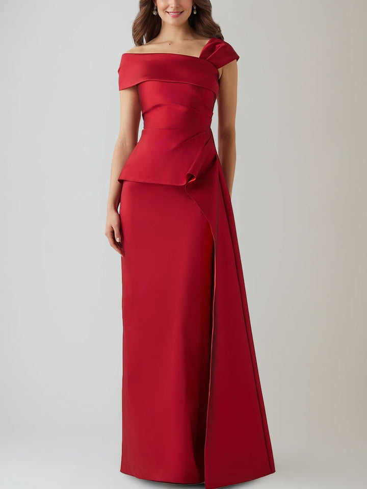 Sheath/Column Off-the-Shoulder Ruched Evening Dresses Floor-Length Satin Party Dresses