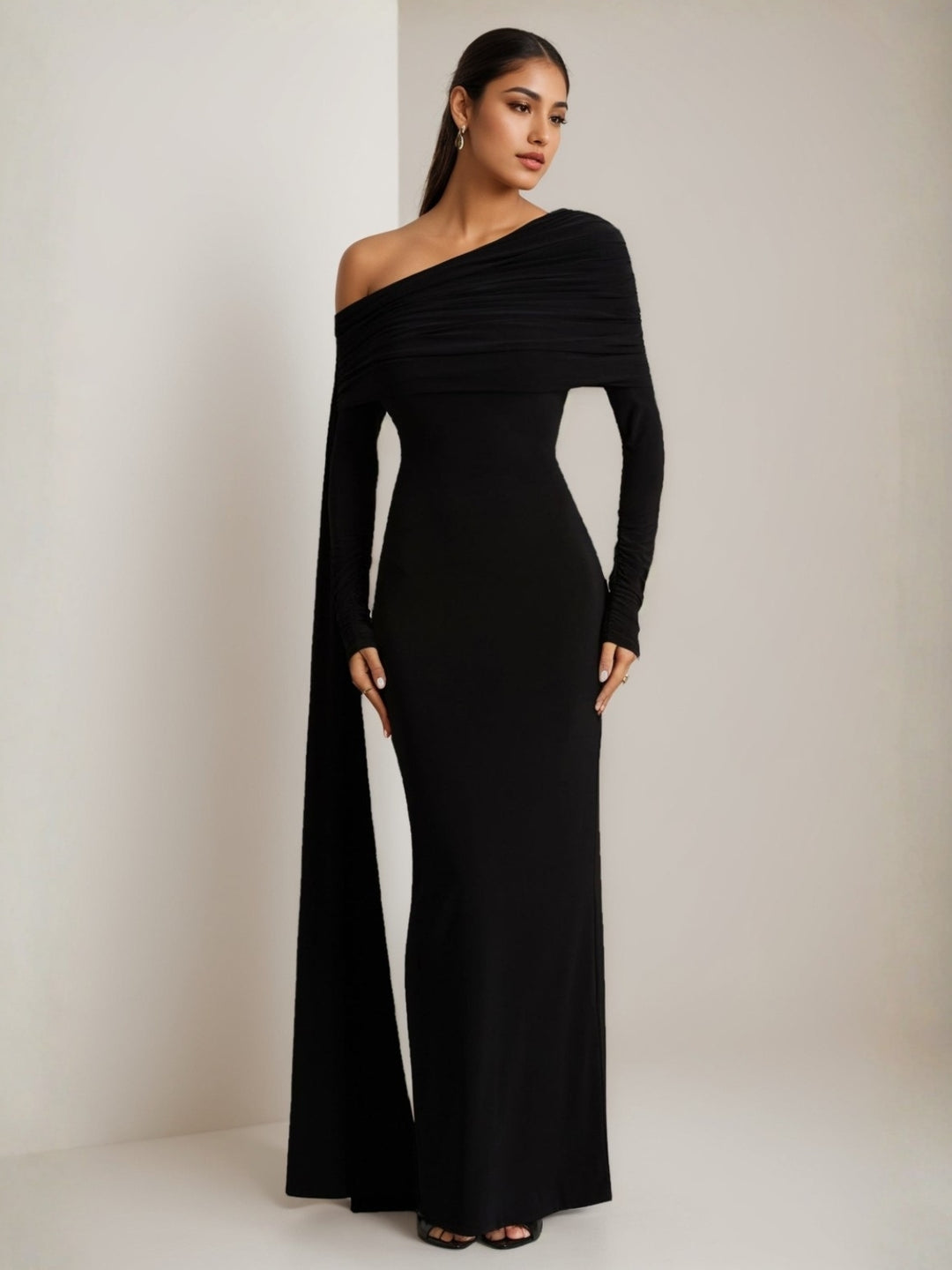 Sheath/Column One-Shoulder Wedding Guest Dresses Floor-Length Long Sleeves