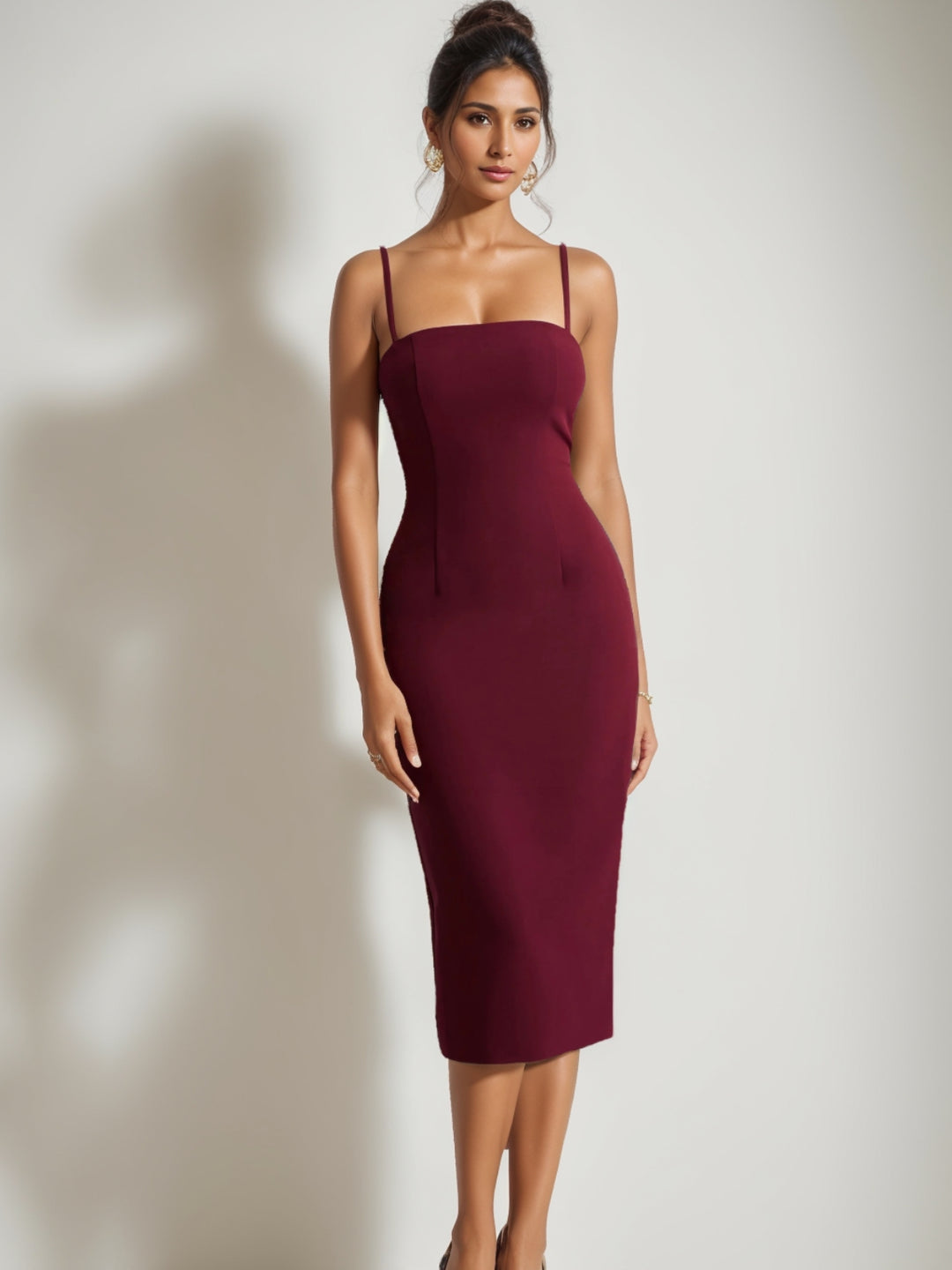 Trumpet/Mermaid Stretch Satin Spaghetti Straps Wedding Guest Dresses Tea-Length Back Slit  Sleeveless