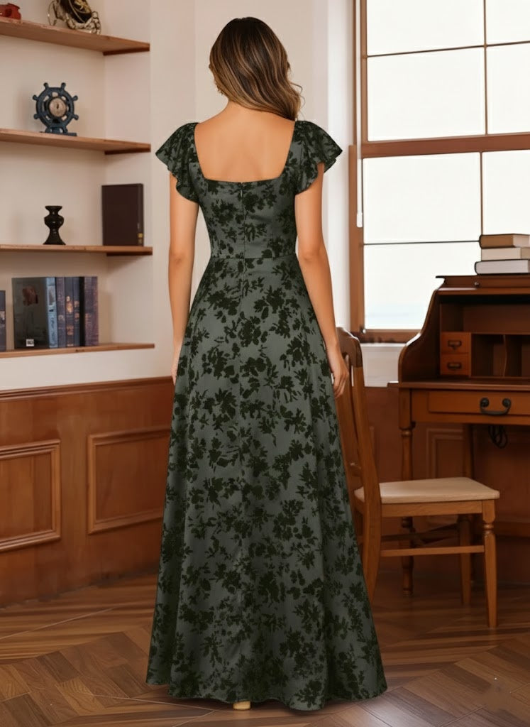 A-Line/Princess Square Collar Wedding Guest Dresses Short Sleeves Floor-Length with Ruffles