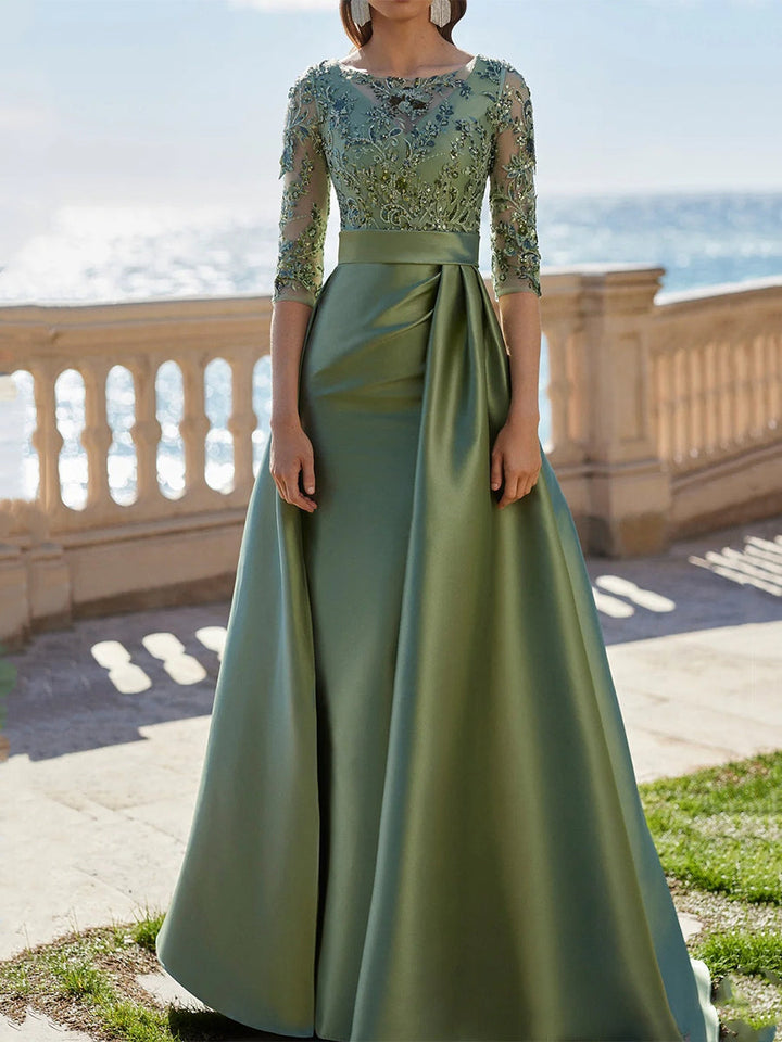 A-Line/Princess Scoop Satin Evening Dresses Half Sleeves Floor-Length Lace Party Dresses