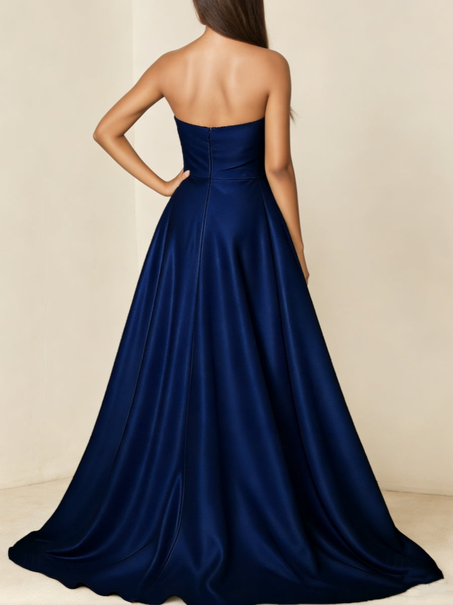 A-Line/Princess Strapless Satin Evening Dresses Sleeveless Floor-Length Formal Dress High Split with Bow