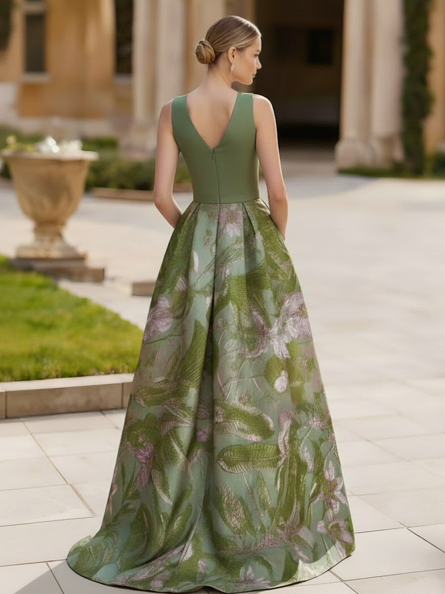 A-Line/Princess V-Neck Satin Evening Dresses Sleeveless Floral Floor-Length Party Dress with Split Side