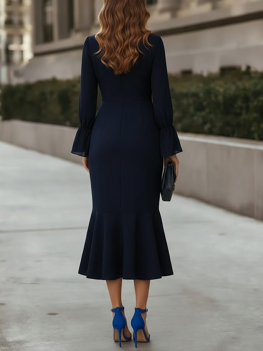 Trumpet/Mermaid V-Neck Chiffon Cocktail Dresses Tea-Length Long Sleeves Formal Dresses with Pearl Button
