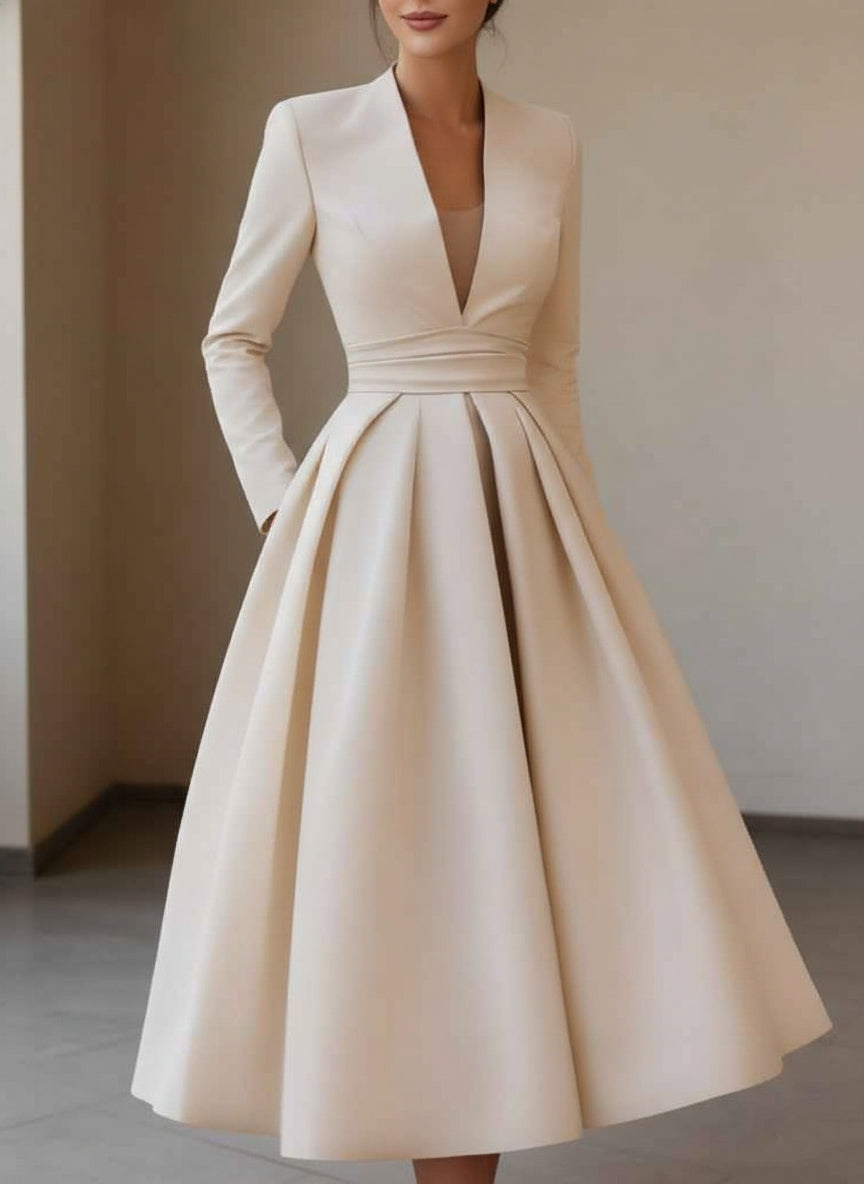 A-Line/Princess V-Neck Satin Cocktail Dresses Tea-Length Long Sleeves Pleated Formal Dresses