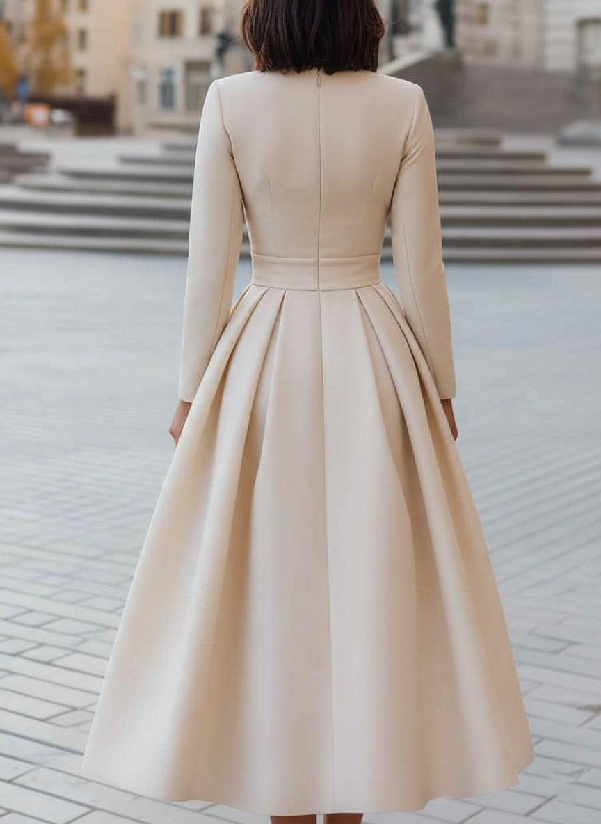 A-Line/Princess V-Neck Satin Cocktail Dresses Tea-Length Long Sleeves Pleated Formal Dresses