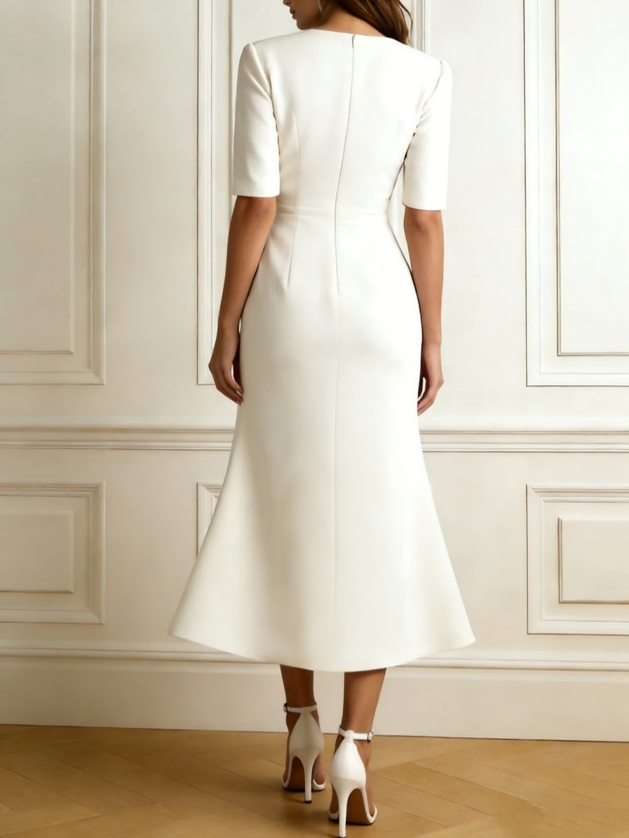 Trumpet/Mermaid Square Stretch Satin Collar Cocktail Dresses with Split Side Tea-Length Short Sleeves Formal Dress