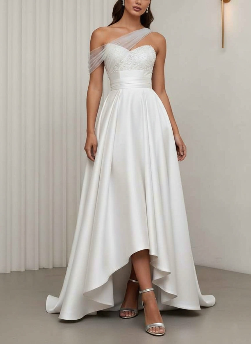 A-Line/Princess One-Shoulder Cocktail Dresses Silk Satin Sleeveless Asymmetrical Floor-Length Sweep Train Tulle Formal Dresses