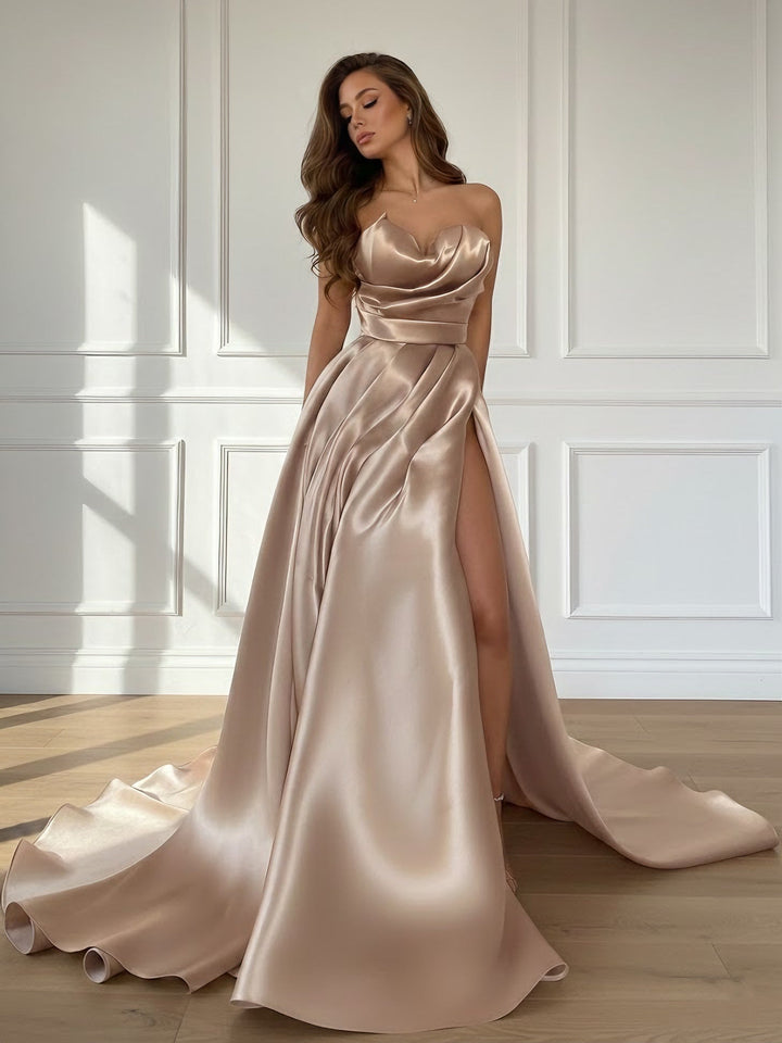A-Line/Princess Sweetheart Satin Evening Dresses with Split Side Sleeveless Floor-Length Party Dresses