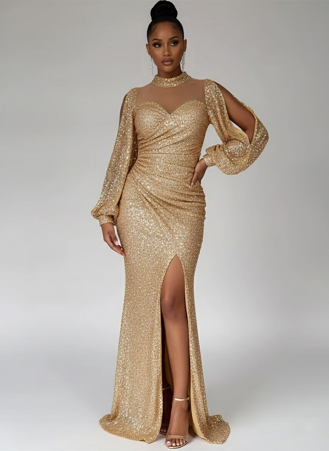 Sheath/Column High Neck Sequins Evening Dresses with Split Side Floor-Length Long Sleeves Party Dresses