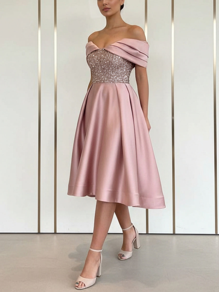 A-Line/Princess Off-the-Shoulder Cocktail Dresses Sequins Sleeveless Tea-Length Formal Dresses