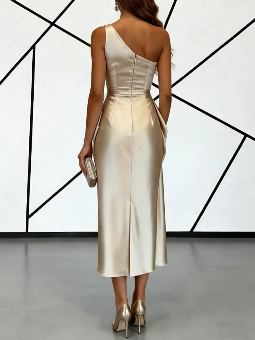 Sheath/Column One-Shoulder Silk Satin Cocktail Dresses Sleeveless Tea-Length Ruched Formal Dresses