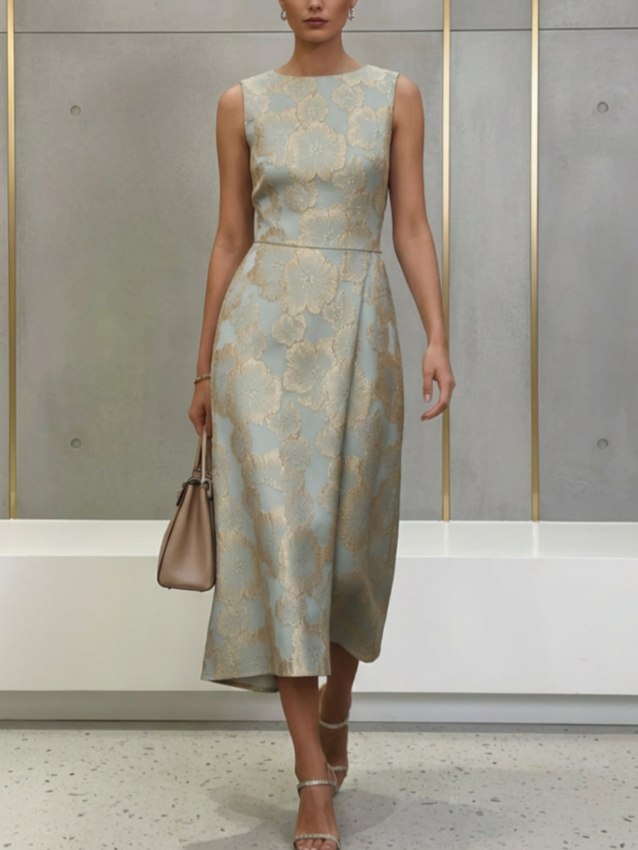 Sheath/Column Scoop Jacquard Cocktail Dresses Tea-Length Sleeveless Floral Formal Dresses