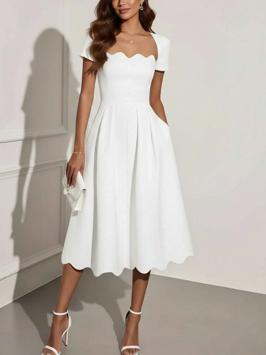 A-Line/Princess Square Neck Stretch Satin Cocktail Dresses Tea-Length Short Sleeves Pleated Formal Dresses