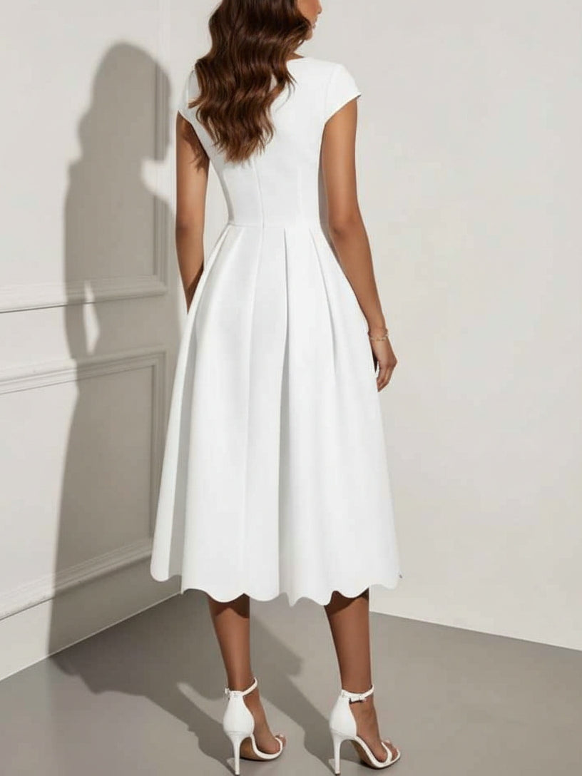 A-Line/Princess Square Neck Stretch Satin Cocktail Dresses Tea-Length Short Sleeves Pleated Formal Dresses