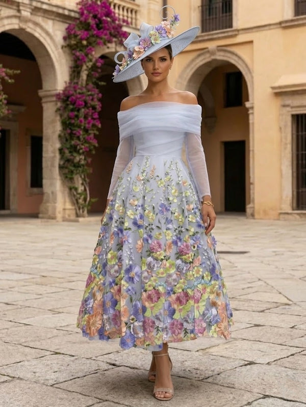 A-Line/Princess Off-the-Shoulder Tulle Mother of the Bride Dresses Ankle-Length Long Sleeves Floral Lace Formal Dresses