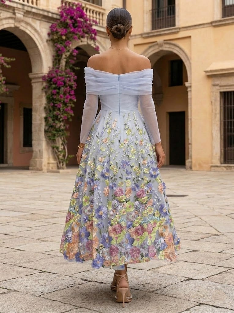A-Line/Princess Off-the-Shoulder Tulle Mother of the Bride Dresses Ankle-Length Long Sleeves Floral Lace Formal Dresses