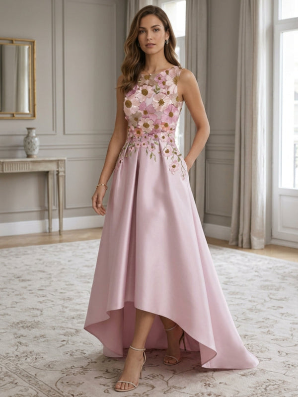 A-Line/Princess Scoop Satin Cocktail Dresses Asymmetrical Floor-Length Sleeveless Floral Lace Embroidery Formal Dresses