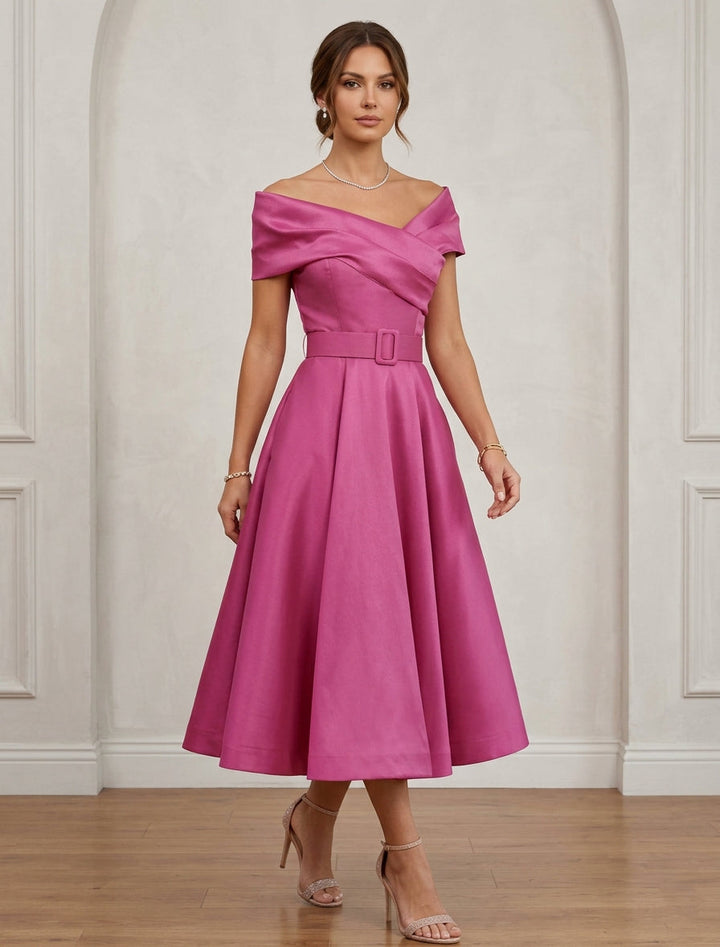 A-Line/Princess Off-the-Shoulder Cocktail Dresses Tea-Length Sleeveless Belt Formal Dresses