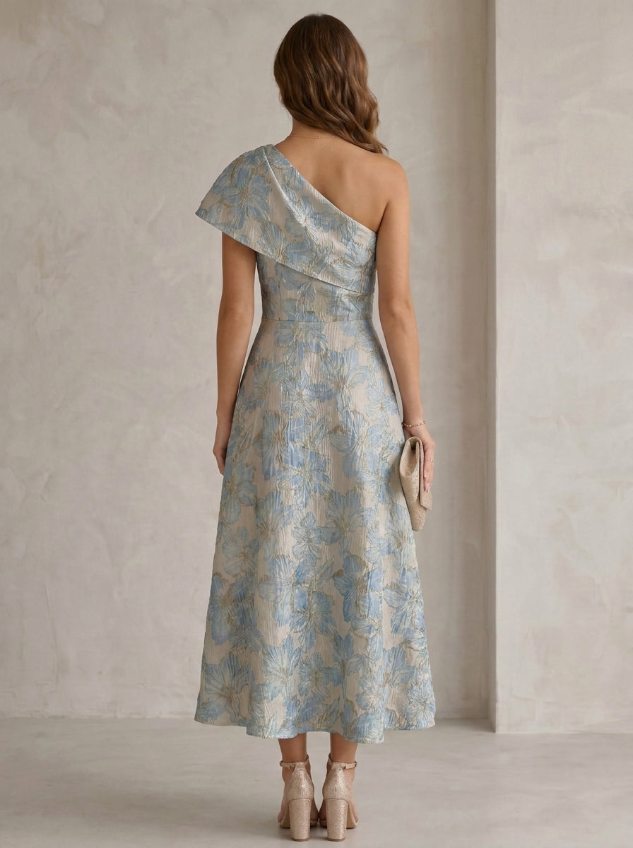 A-Line/Princess One-Shoulder Jacquard Cocktail Dresses Tea-Length Sleeveless Floral Formal Dresses