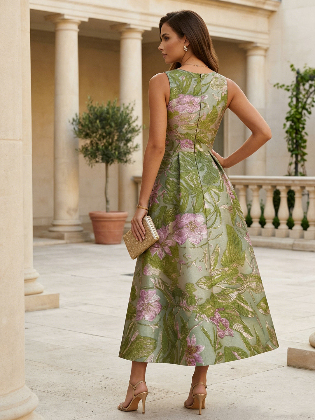A-Line/Princess Scoop Jacquard Cocktail Dresses Tea-Length Sleeveless Floral Formal Dresses