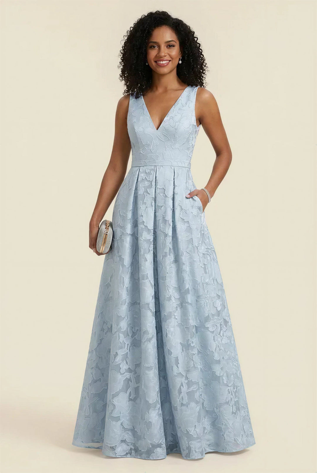 A-Line/Princess V-Neck Lace Floral Evening Dresses Floor-Length Sleeveless Party Dresses