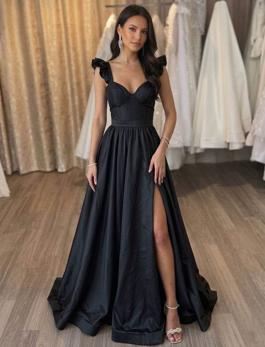 A-Line/Princess Sweetheart Satin Evening Dresses with Split Side Sleeveless Floor-Length Party Dresses