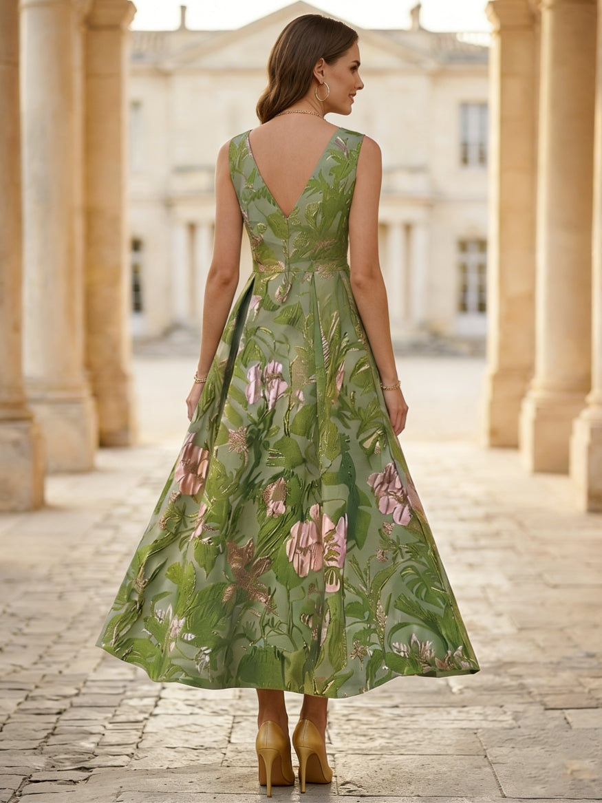 A-Line/Princess V-Neck Jacquard Cocktail Dresses with 3D Flower Tea-Length Sleeveless Floral Formal Dresses