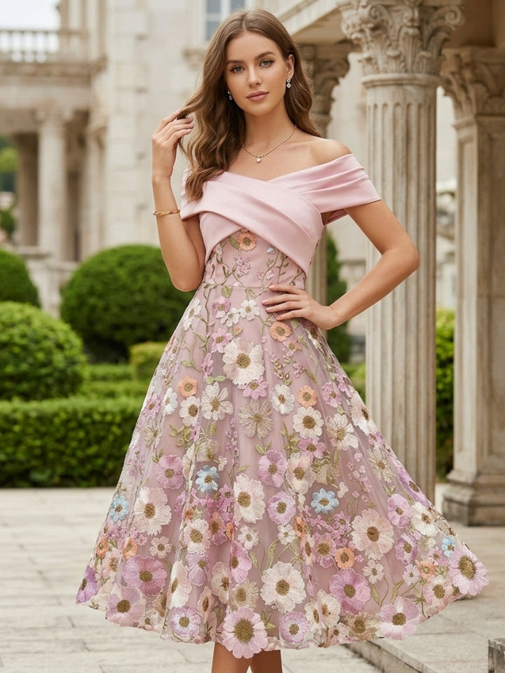 A-Line/Princess Off-the-Shoulder Cocktail Dresses Tea-Length Sleeveless Floral Lace Embroidery Satin Formal Dresses
