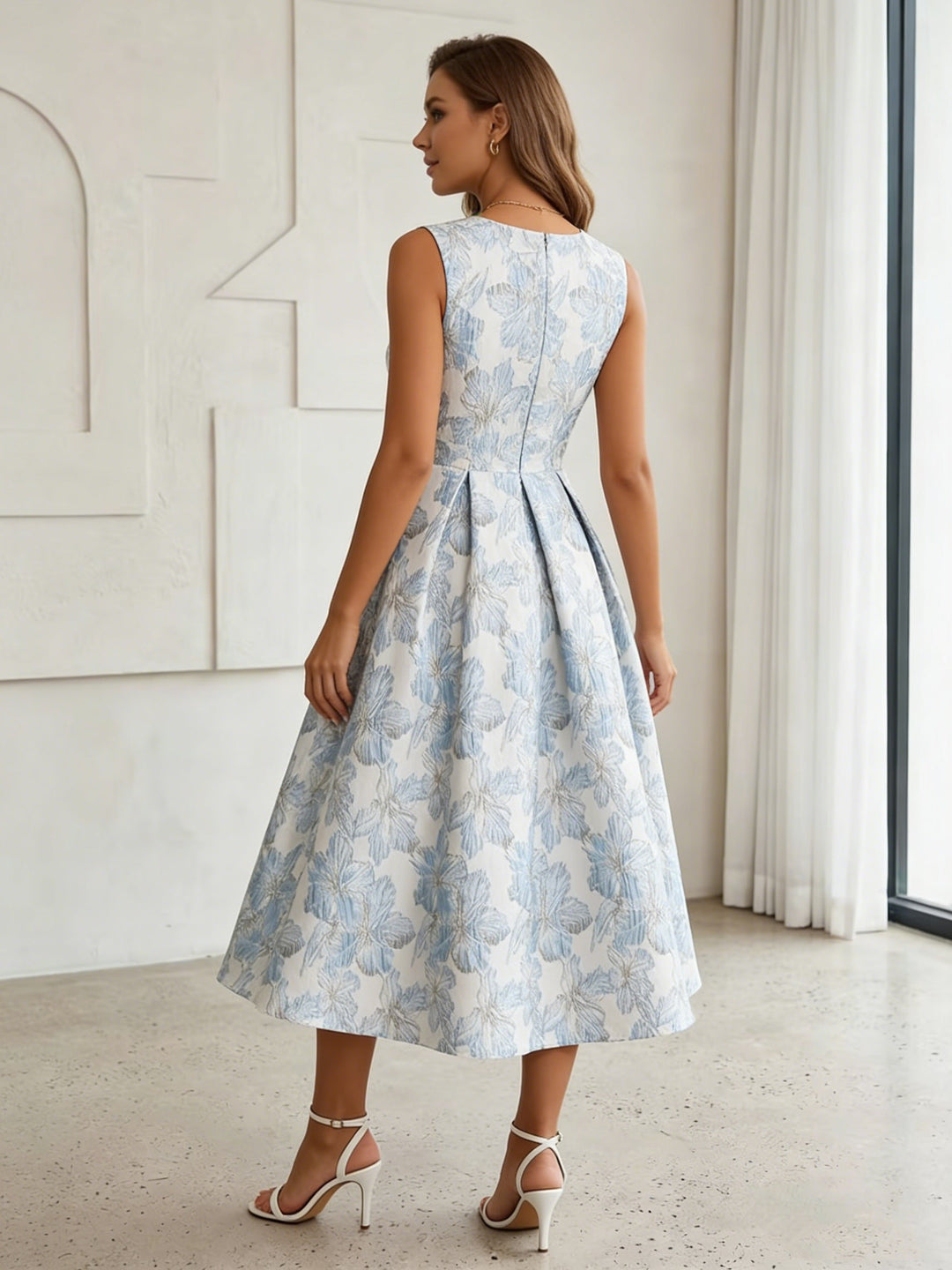 A-Line/Princess Scoop Jacquard Cocktail Dresses Tea-Length Sleeveless Floral Formal Dresses