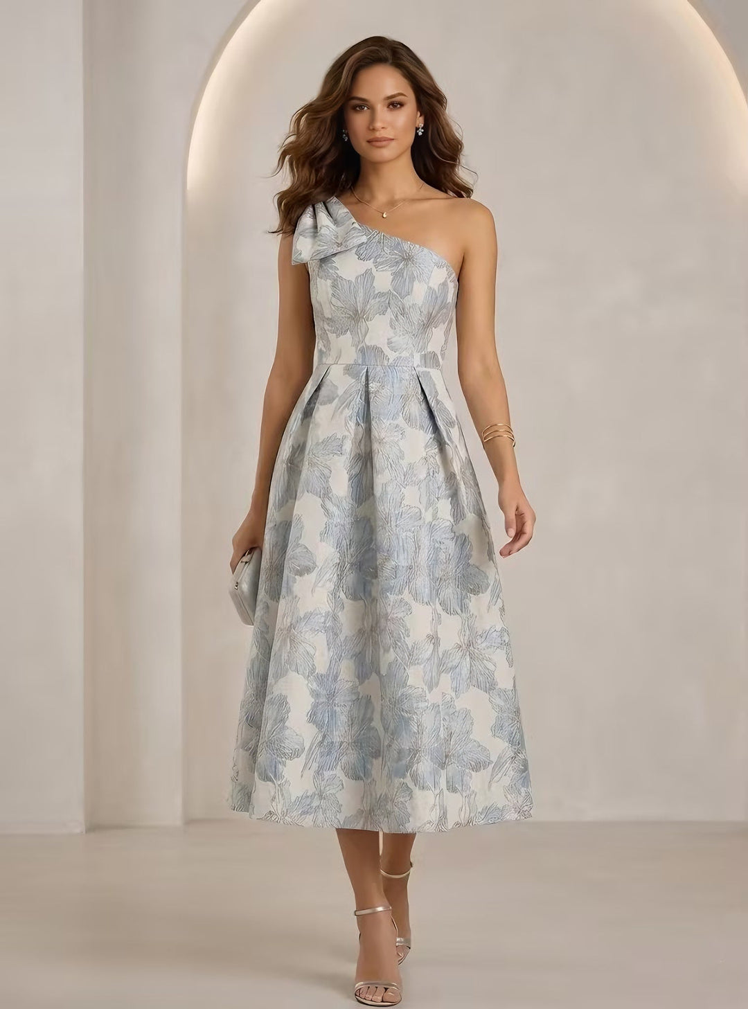 A-Line/Princess One-Shoulder Jacquard Cocktail Dresses Tea-Length Sleeveless Floral Formal Dresses