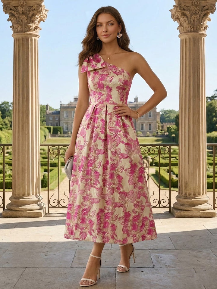 A-Line/Princess One-Shoulder Jacquard Cocktail Dresses Tea-Length Sleeveless Floral Formal Dresses
