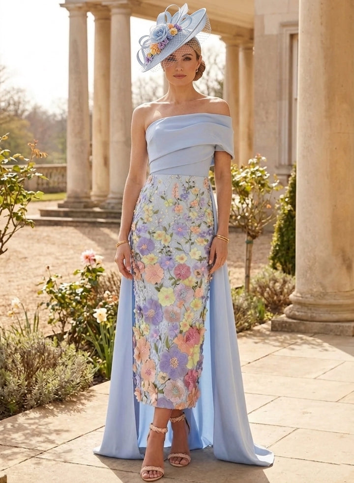 Sheath/Column One-Shoulder Satin Cocktail Dresses with Overskirt Sleeveless Floral Tea-Length Formal Dresses